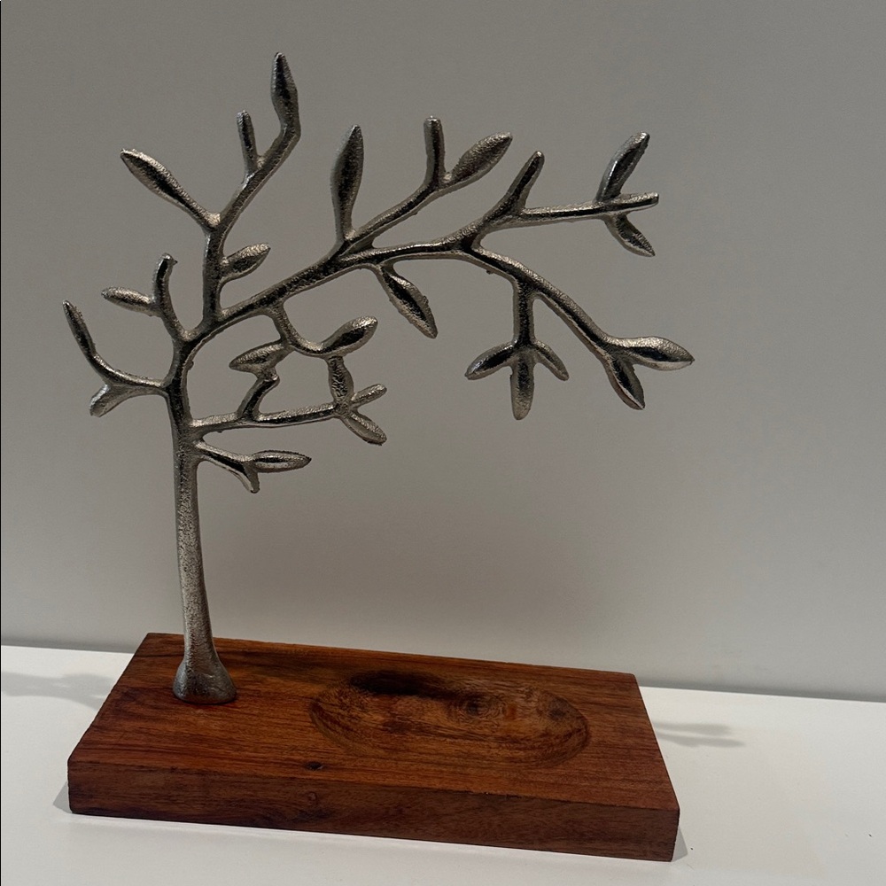 Metal Tree Jewelry Stand on Wooden Base - Silver